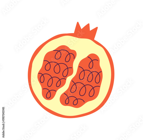 Cut part of sweet ripe pomegranate. Half of organic garnet. Piece of tropical fruit with red grains. Slice of exotic food for healthy eating. Flat isolated vector illustration on white background