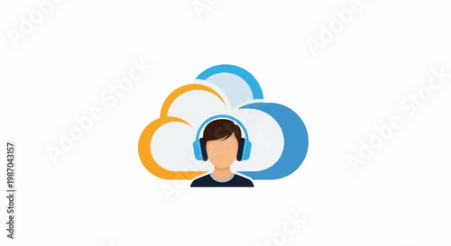 Cloud audio streaming service icon. Flat design illustration of a user with headphones. Music, podcast, and customer support vector symbol