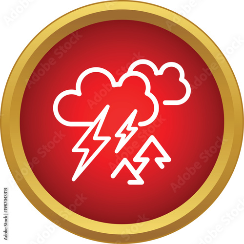 Red circular weather icon depicting storm clouds and lightning bolts