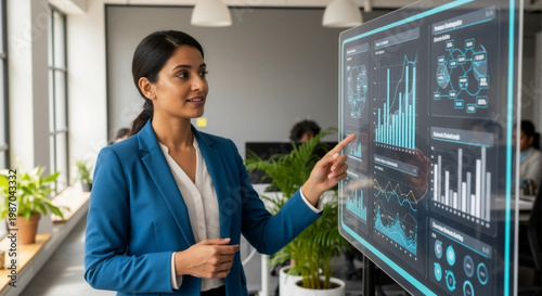 Businesswoman presenting data analysis on digital display in office  