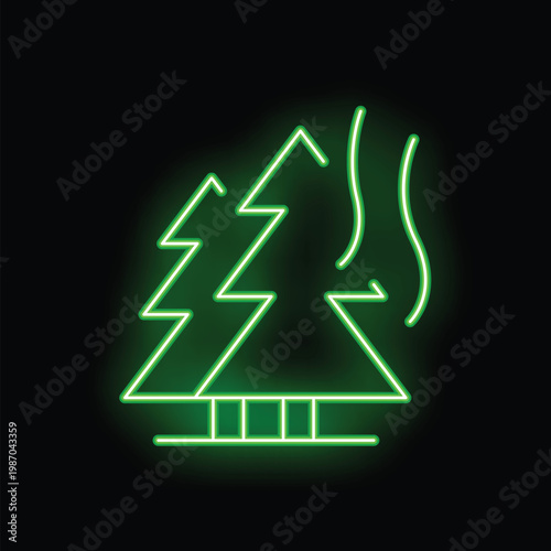Glowing neon sign depicting forest landscape with steam coming from a wooden sauna on black background