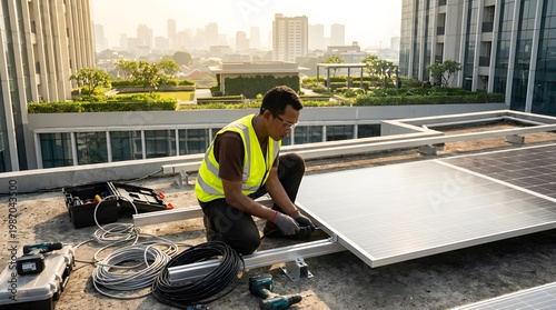 Technician installing photovoltaic panels on flat urban city rooftop