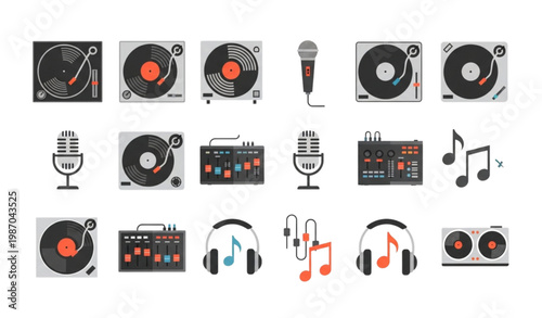 DJ music production icons set turntable vinyl microphone mixer vector illustration collection