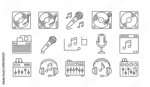 Minimal line DJ icons music equipment outline set turntable mixer microphone vector design