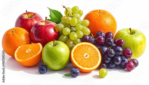 A vibrant assortment of fresh fruits including apples, oranges, grapes, and a sliced orange on a white background