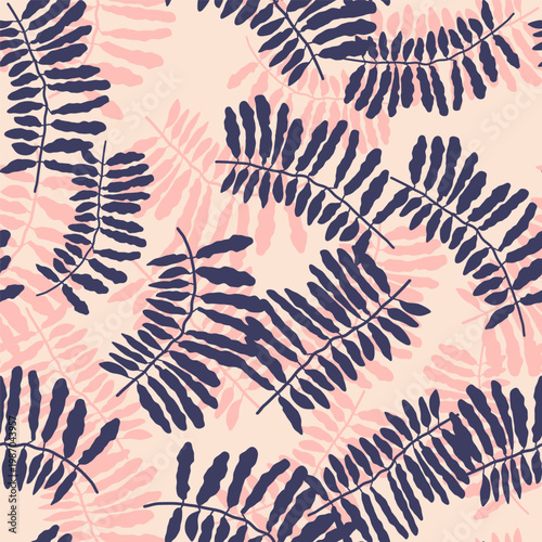 A seamless vector pattern of tropical fern leaves in navy and light pink on soft peach background with hand-drawn organic style 