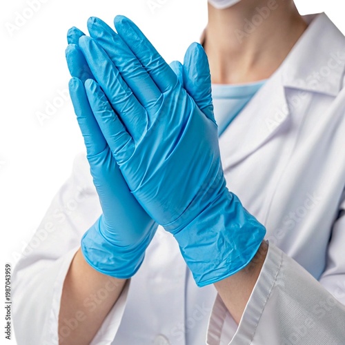 Doctor in white coat putting on blue nitrile gloves, isolated on white background.