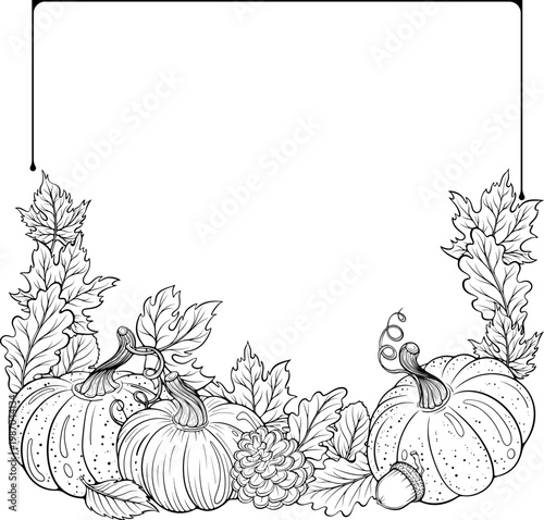 Autumn square frame with pumpkins and falling leaves. Harvest design. For invitation, greeting card, poster. Vector illustration in hand drawn sketch style. Line art isolated on white for print