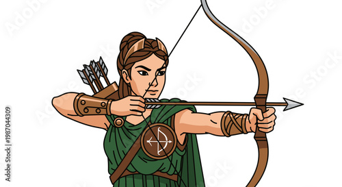 Female Archer Warrior Aiming Bow and Arrow Vector Illustration, Fantasy Huntress Character Design for Gaming and Mythological Concept Art