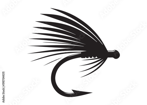 Black silhouette of a fly fishing logo vector, fly fishing lure logo icon silhouette, fly fishing hook silhouette, fly fishing flies silhouette vector design on white background