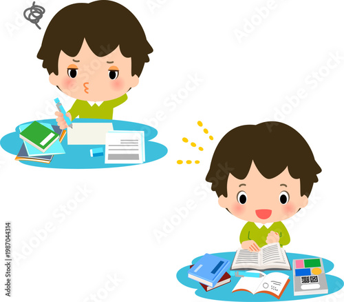嫌々課題をやる男の子と楽しそうに勉強する男の子