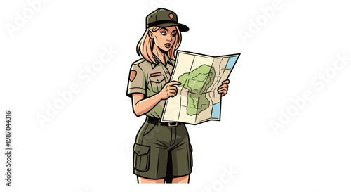Female Park Ranger Holding a Map Vector Illustration, Cartoon Style Character Exploring Wilderness, Outdoor Adventure Concept for Nature Travel and Hiking Guides