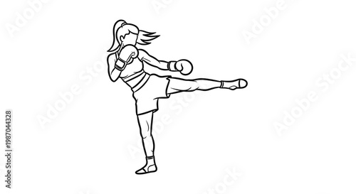 Female Kickboxer Performing High Side Kick Vector Illustration Isolated on White Background for Sports Fitness Design Projects