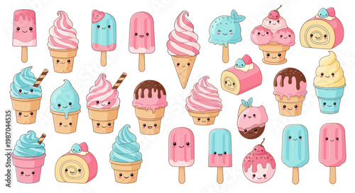 Collection of cute and kawaii ice cream desserts with faces.