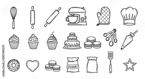 Set of baking and confectionery items in line art style.