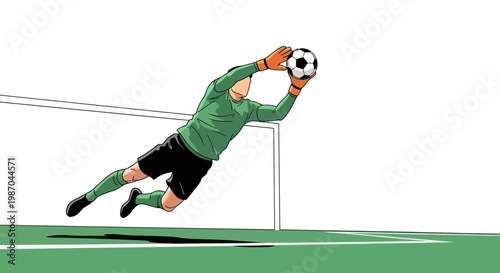 Goalkeeper dives to catch a soccer ball during a game.