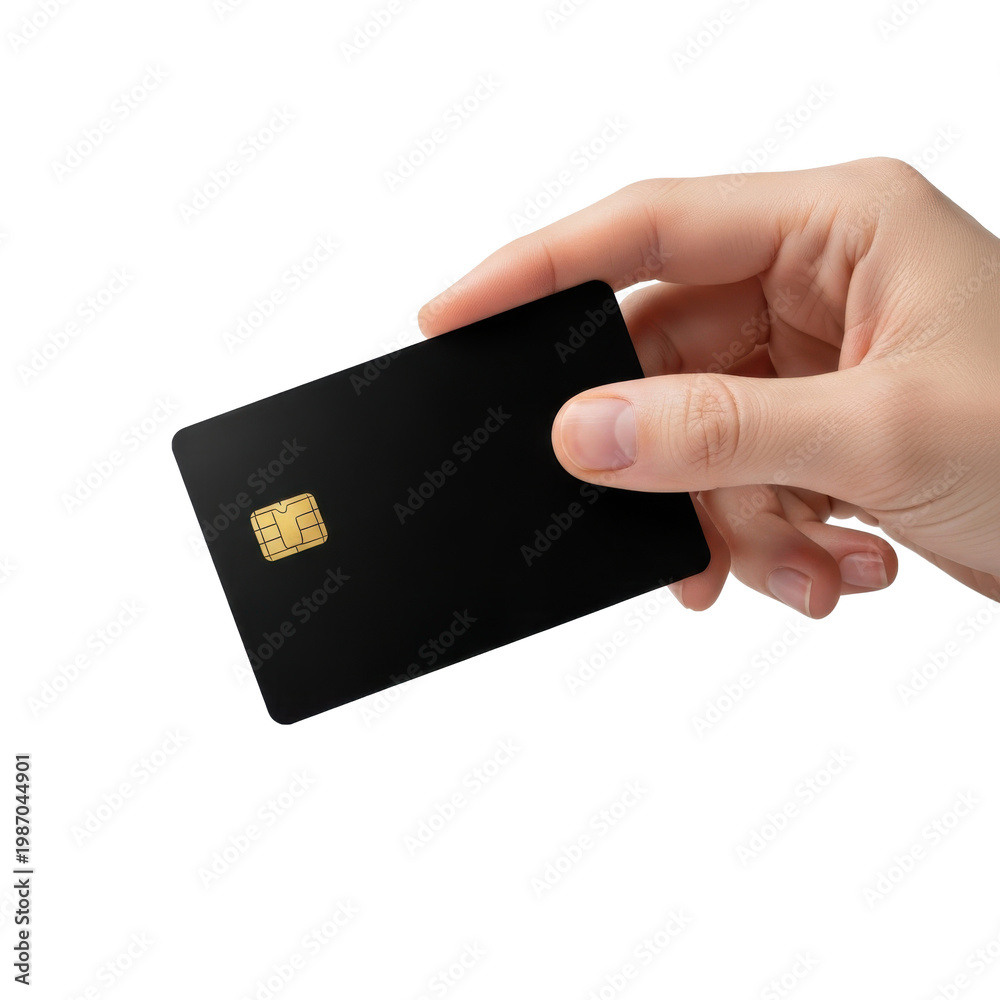 Obraz premium Hand holding a black credit card with gold chip on transparent background