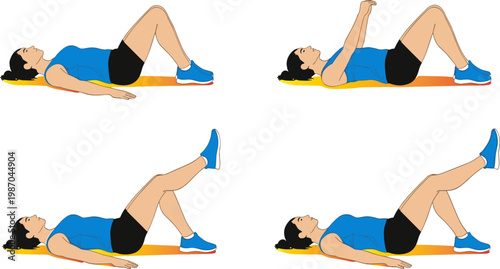 Glute Bridge Exercise Steps Demonstration with Woman Performing Floor Workout Positions, Fitness Training Routine for Strength and Core Stability Vector Illustration