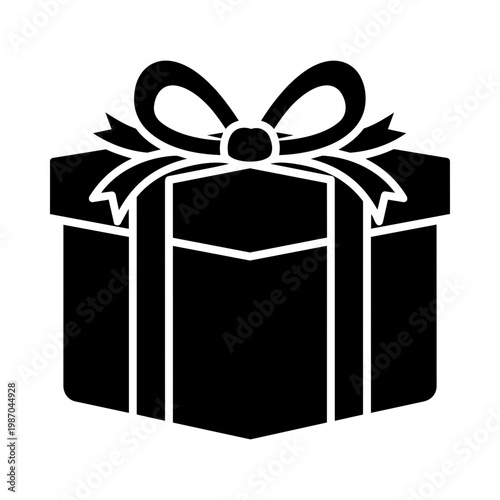 Minimalist black vector graphic illustration of a wrapped present box featuring an elegant ribbon bow for celebrating special holiday occasions