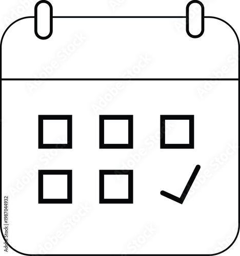 Minimalist calendar line icon with checkmark, simple schedule planner vector, black and white appointment organizer symbol for business apps