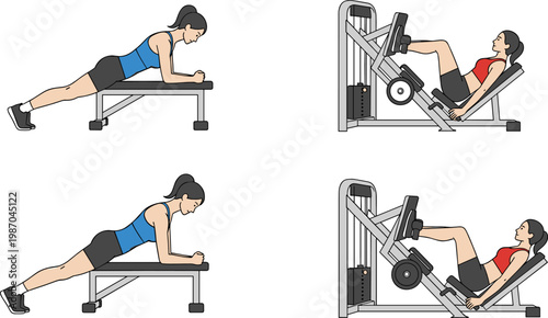 Gym Workout Exercises Set with Plank Position and Leg Press Machine Training, Fitness Routine for Strength, Core Stability, and Lower Body Vector Illustration