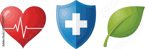 Heartbeat symbol, medical shield, and green leaf icons represent the fundamental connection between health, protection, and natural wellness.