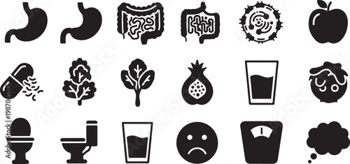 Digestive Health Icons and Symptoms Illustration Set