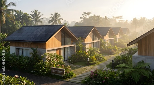 Tropical eco resort cabins with solar panels in misty morning light