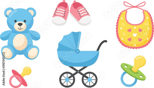 Baby items set displays a blue teddy bear, pink shoes, a heart-patterned bib, a stroller, and pacifiers.
