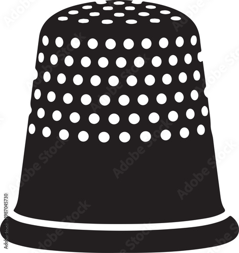 Graphic illustration of a thimble with white dots on black background  sewing protection tool