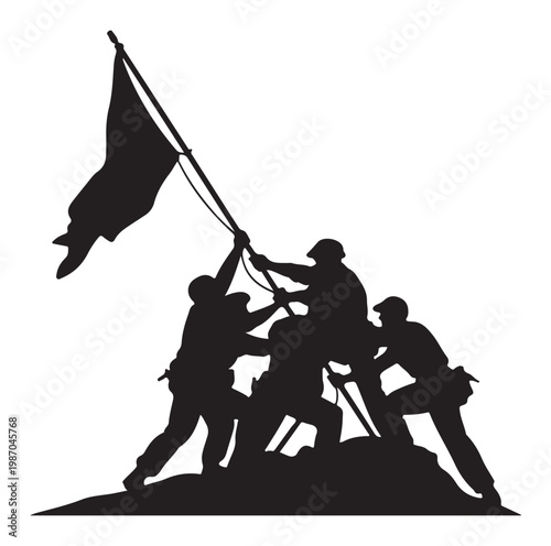 Soldiers Raising American Flag on Iwo Jima Island Silhouette