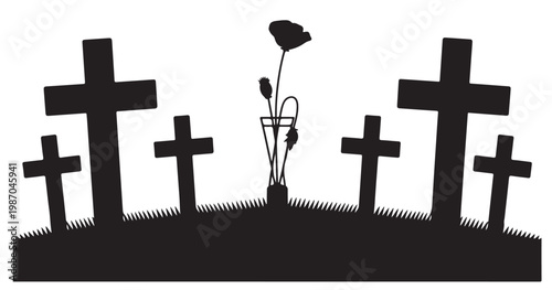 Black Silhouette of Crosses and Flower in Cemetery