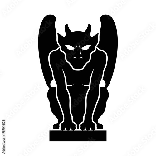 Black Gargoyle Silhouette with Wings, Sitting on Pedestal, Gothic Architectural Detail