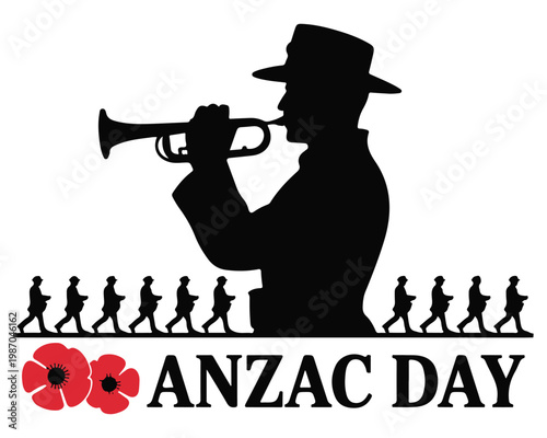Soldier Playing Trumpet on ANZAC Day with Poppies