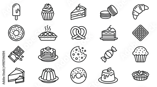 Simple Set of Dessert Related Vector Line Icons. Contains such Icons as Macarons, Bagel, Sweet Waffle and more. Editable Stroke. 48x48 Pixel Perfect.
