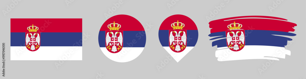 Obraz premium Serbia Flag Set - National Banner in Rectangle Circle Map Pin and Brush Stroke Styles on Gray Background
