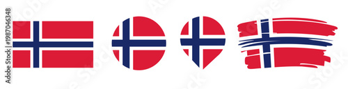 Norway Flag Set - National Banner in Rectangle Circle Map Pin and Brush Stroke Styles on White Background