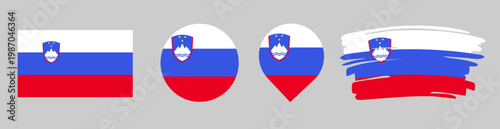 Slovenia Flag Set - National Banner in Rectangle Circle Map Pin and Brush Stroke Styles on White Background