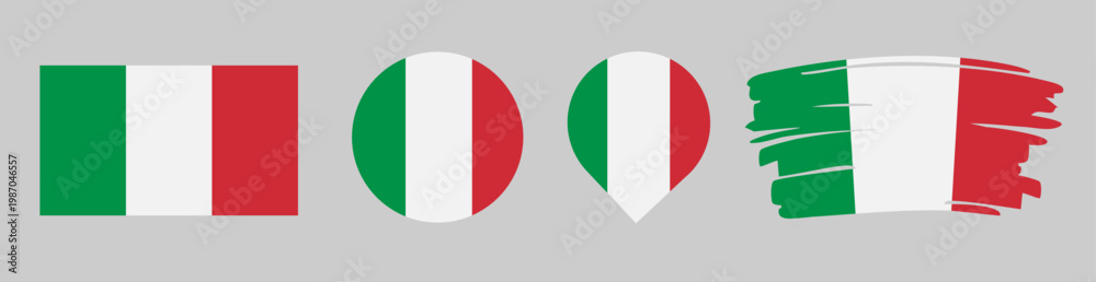 Obraz premium Italy Flag Set - National Banner in Rectangle Circle Map Pin and Brush Stroke Styles on Gray Background
