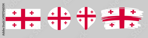 Georgia Flag Set - National Banner in Rectangle Circle Map Pin and Brush Stroke Styles on Gray Background