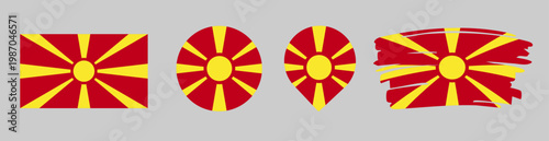 North Macedonia Flag Set - National Banner in Rectangle Circle Map Pin and Brush Stroke Styles on Gray Background