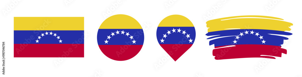 Obraz premium Venezuela Flag Set - National Banner in Rectangle Circle Map Pin and Brush Stroke Styles on White Background