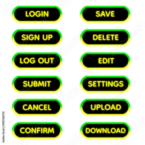 Neon Green and Yellow Glow 3D Rounded UI Button Set with Black Background, Modern Glossy Interface Elements for Login Sign Up Save Delete Edit Settings Upload Download Controls, Futuristic Digital App