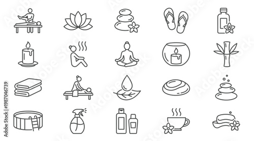 Simple Set of SPA Related Vector Line Icons. Contains such Icons as Massage, Candle, Sauna and more. Editable Stroke. 48x48 Pixel Perfect.