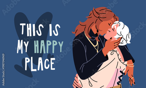 Valentine's day postcard design with kissing homosexual couple. February 14 greeting card template with hugging lesbians. LGBT people are in love, have romantic relationships. Flat vector illustration