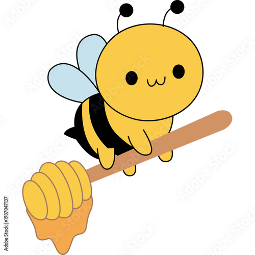Cute Cartoon Bee Holding a Honey Dipper