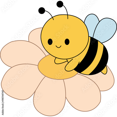 Cute Cartoon Bee on a Pink Flower Illustration