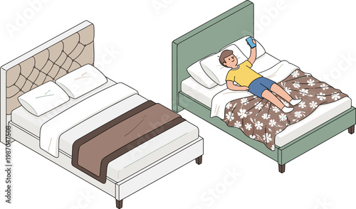 Isometric Vector Illustration of Two Modern Beds with Blankets and a Person Relaxing, Using a Smartphone, in a Cozy Bedroom Setting