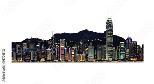 Bild auf Leinwand Hong Kong Skyline at Night, Modern Cityscape, Iconic Buildings, Vibrant Lights