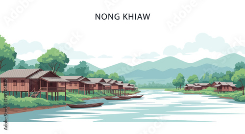 Nong Khiaw Village Houses River Boats Lush Greenery Mountains Scenic Landscape